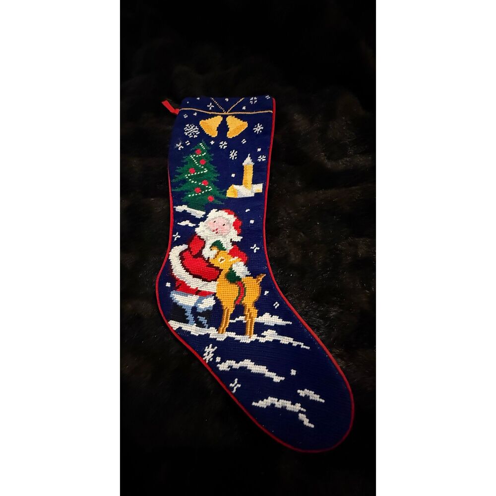 VTG Christmas Santa Needlepoint Stocking Winter Holiday Scene Deer